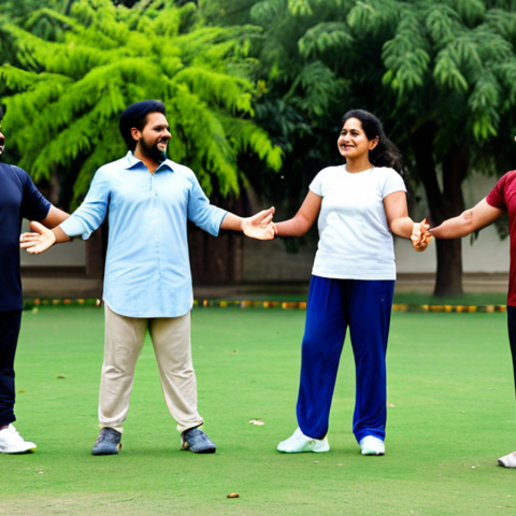 Community Fitness Group**

Prompt: "A diverse group of fully clothed individuals exercising outdoors in a park setting, perhaps near Lahore or Karachi, Pakistan. Focus on joyful movement, appropriate attire, and camaraderie. Safe for work, professional quality, family-friendly, perfect anatomy, correct proportions, natural pose, well-formed hands, proper finger count, natural body proportions. Capture the spirit of community wellness in a family-friendly setting. "

**