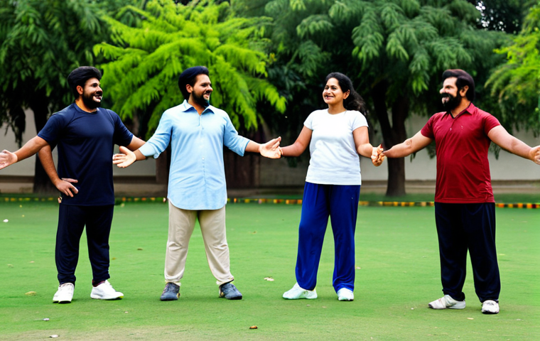 Community Fitness Group**

Prompt: "A diverse group of fully clothed individuals exercising outdoors in a park setting, perhaps near Lahore or Karachi, Pakistan. Focus on joyful movement, appropriate attire, and camaraderie. Safe for work, professional quality, family-friendly, perfect anatomy, correct proportions, natural pose, well-formed hands, proper finger count, natural body proportions. Capture the spirit of community wellness in a family-friendly setting. "

**